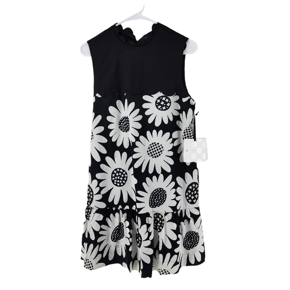 Victoria Beckham Women's Black White Daisy Drop Waist Scallop Trim Dress - M
